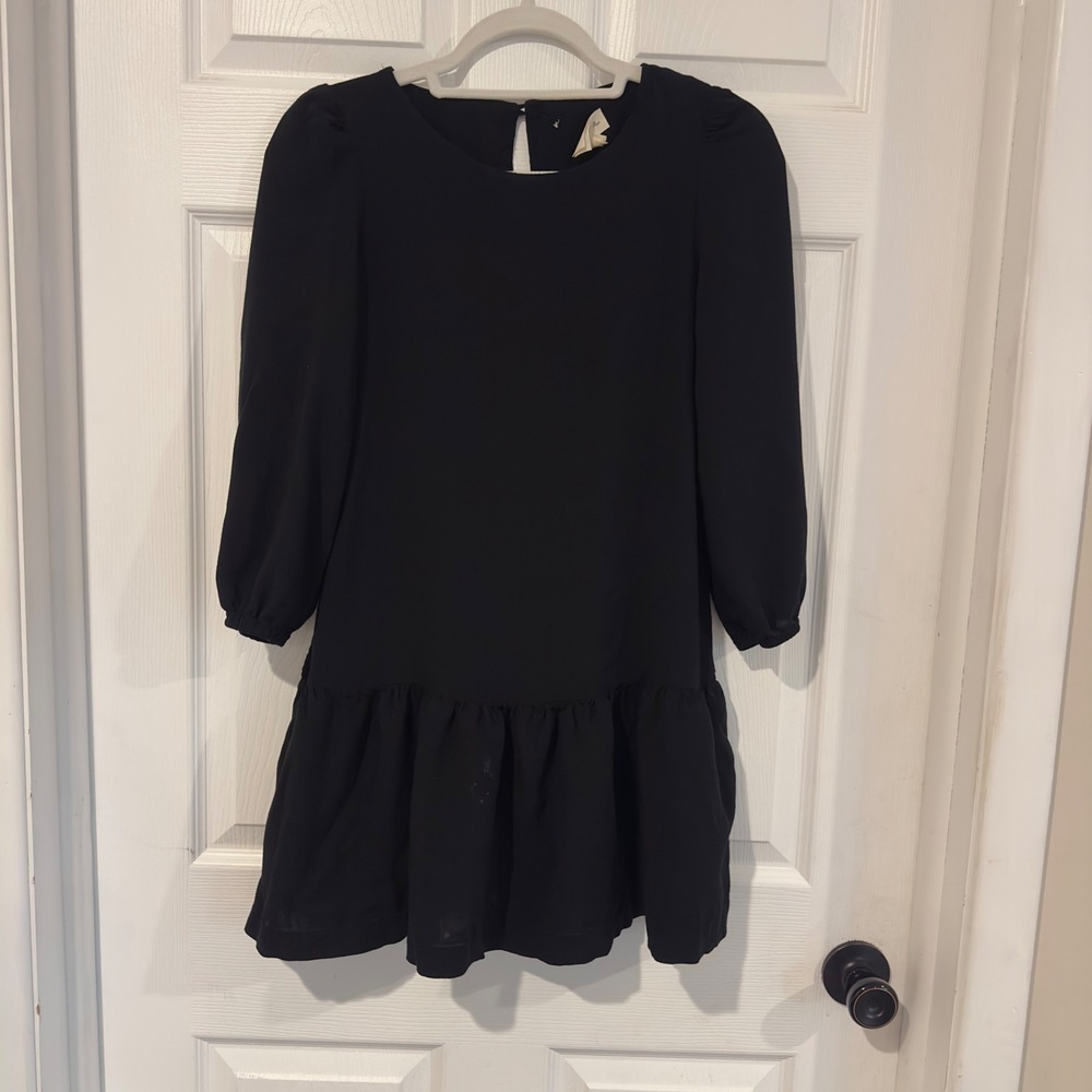 Meadow Rue Anthropologie Black Drop Waist Ruffle Mini Dress Size 0 Keyhole Back
